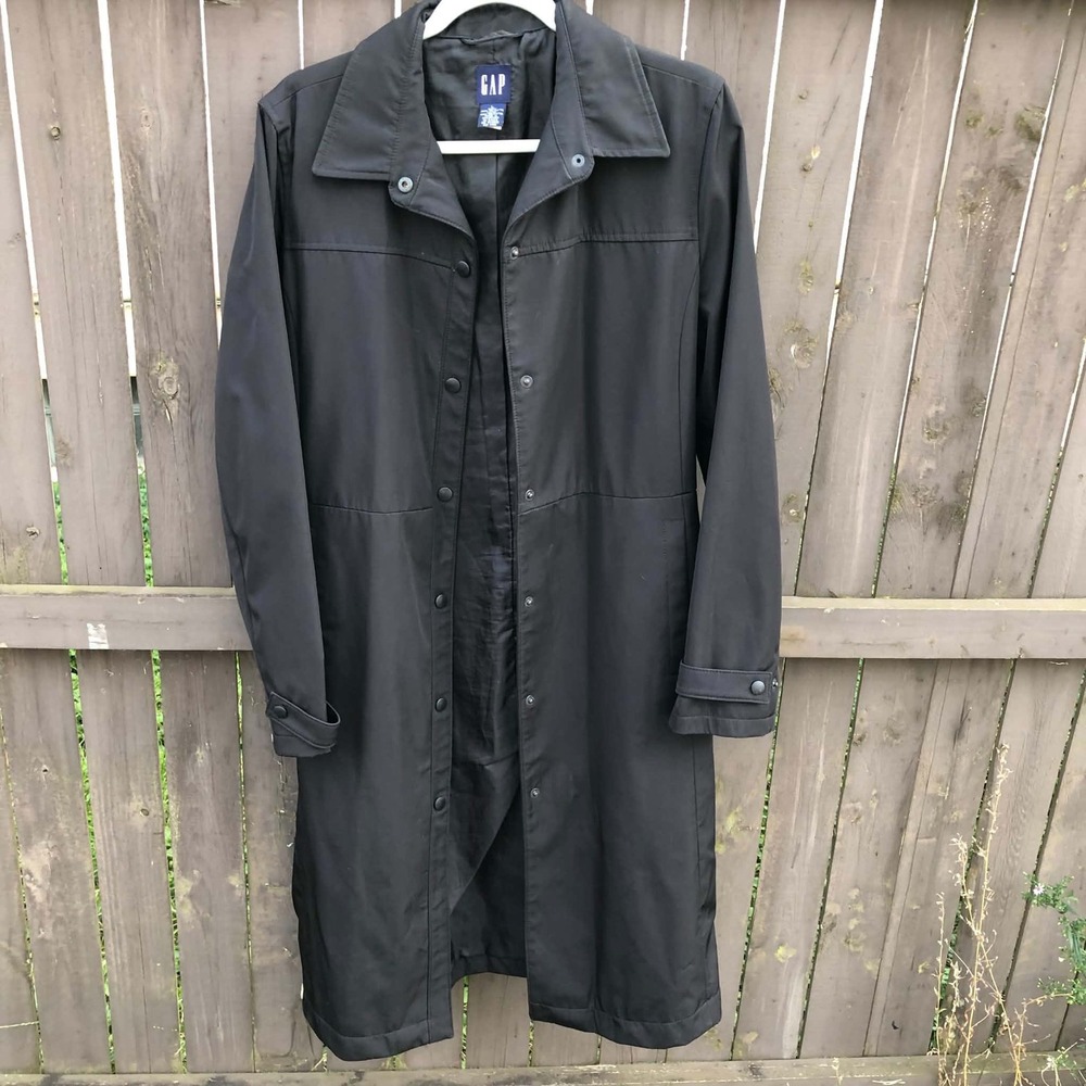 Vintage Y2K GAP Black Long Belted Trench Coat Womens Large Grunge Minimalist - Picture 11 of 16